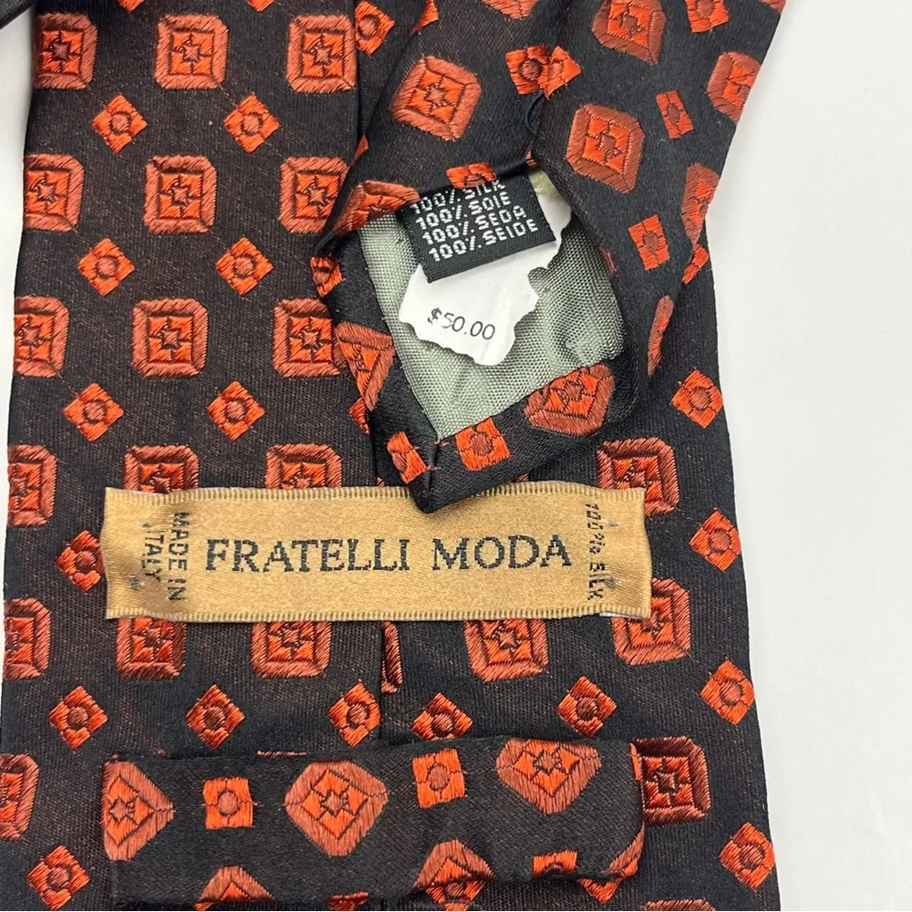 Fratelli Moda Black Orange Mens Necktie Tie 100%‎ Silk Italy Preppy Office